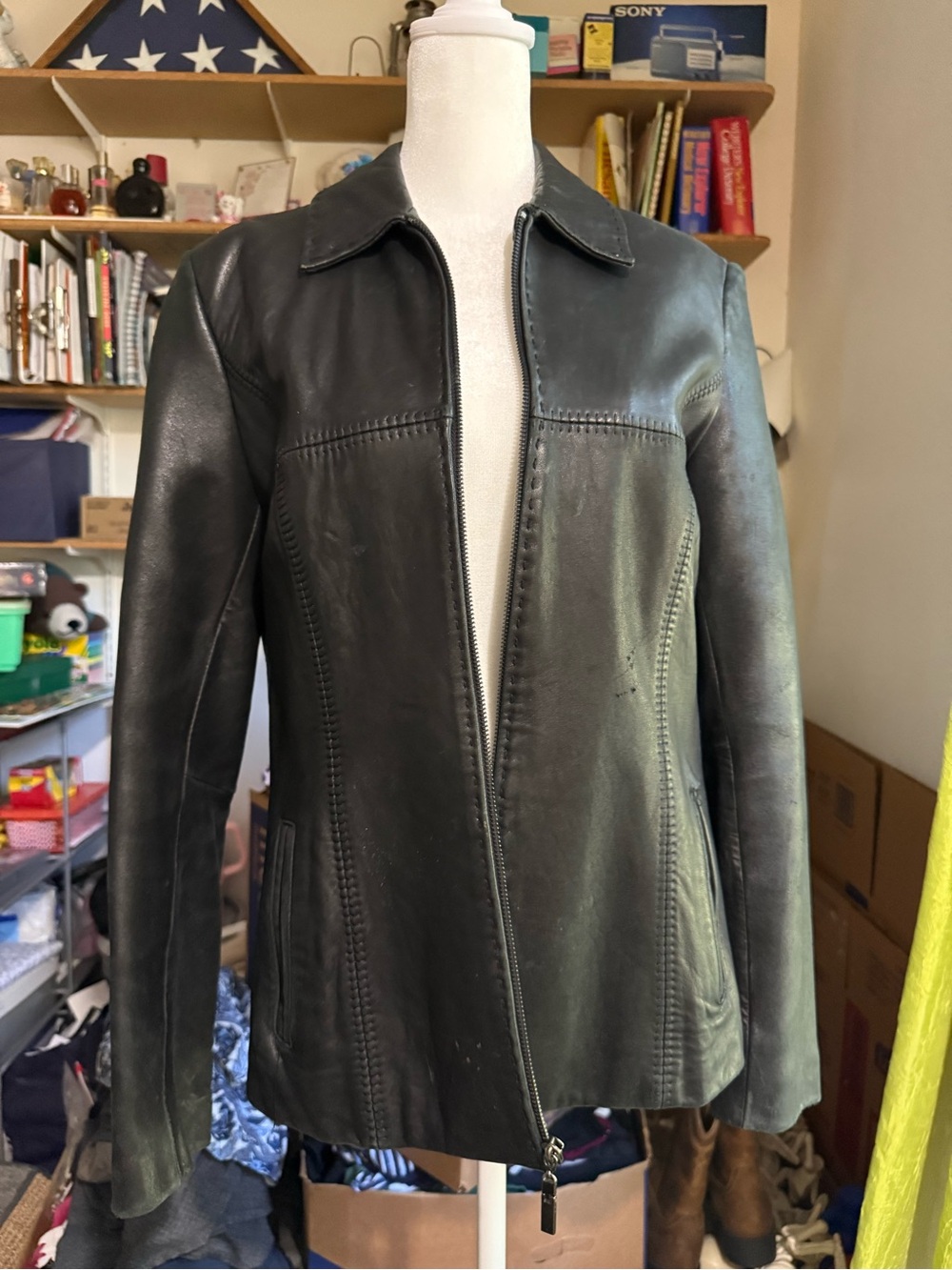 Jones New York Black Leather Zip-Front Jacket